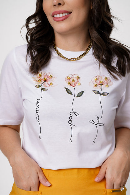 57411 - T-Shirt Flowers Pearls Love Peace Faith