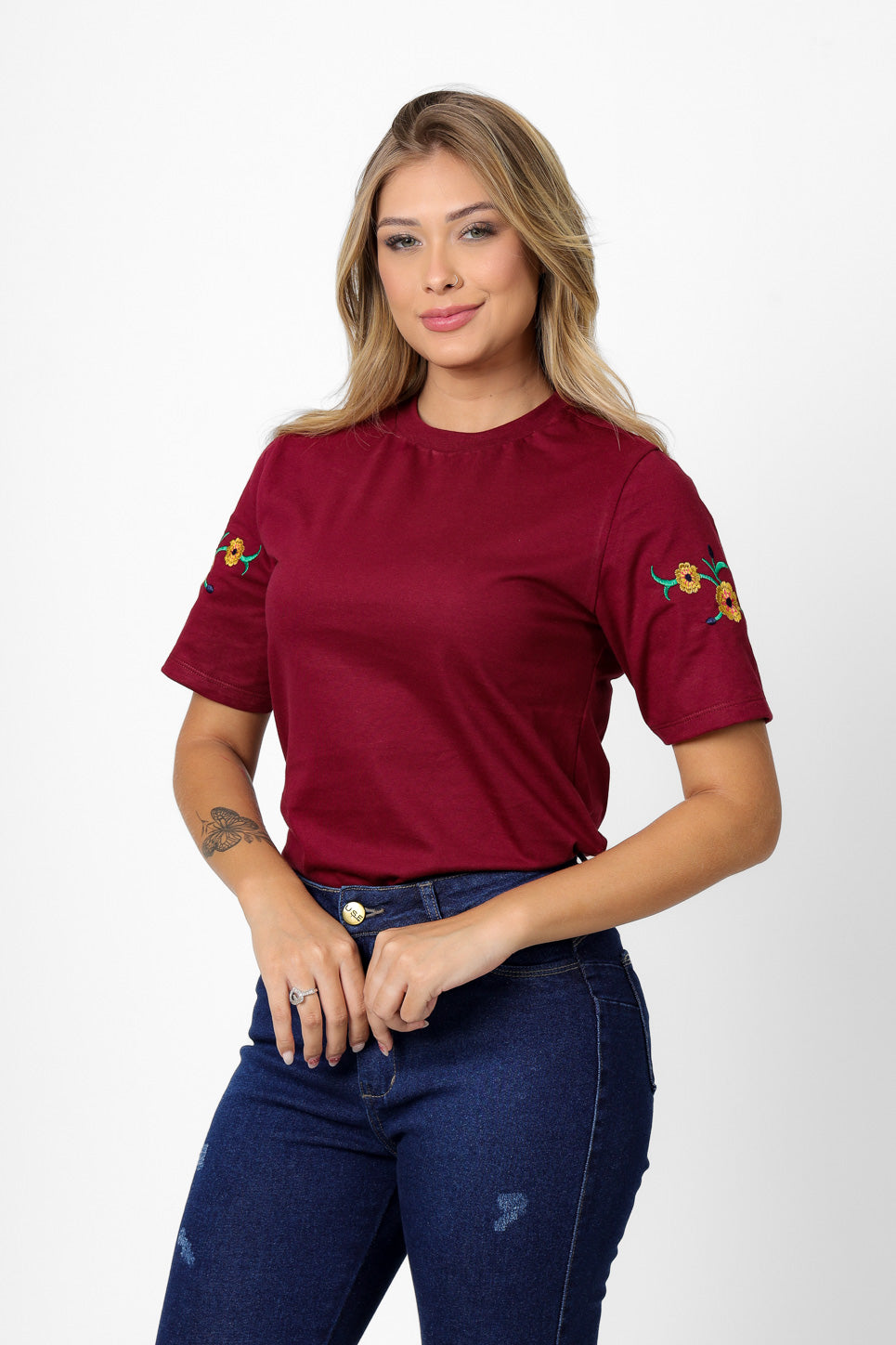 58459 - T-Shirt Embroidered Flowers on Sleeve in Colors