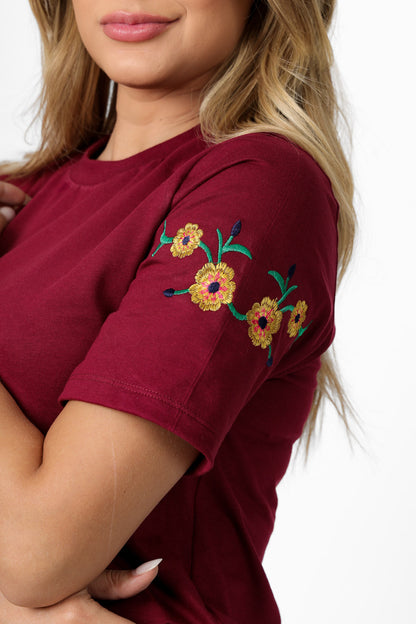 58459 - T-Shirt Embroidered Flowers on Sleeve in Colors