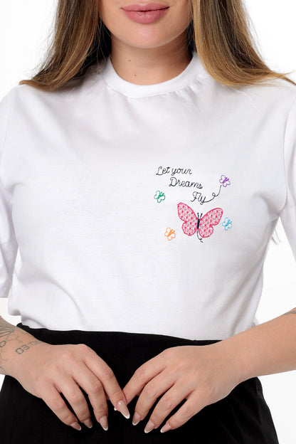 58981 - T-Shirt Let Your Dreams Fly Butterfly Embroidery